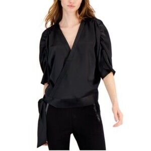 INC International Concepts‎ Women's Black Satin Wrap Top (Size M)